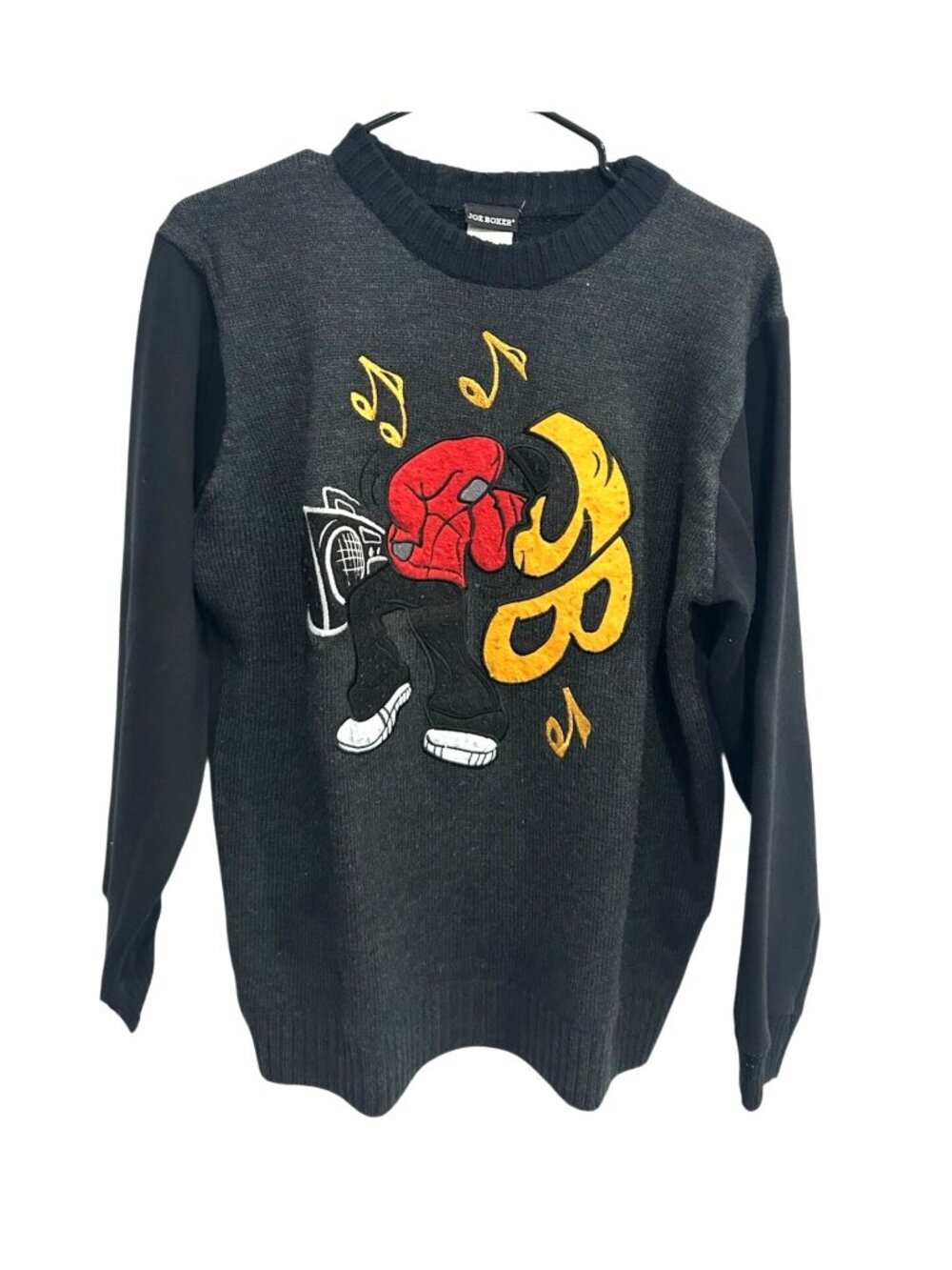 Joe Boxer 14/16 Black Hip Hop Graphic Knit Sweater Retro Y2K Vintage